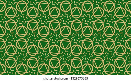 Decorative background with triangles. Curved lines. Vector illustration. Green, gold color. Bright background for poster, banner, flyer. Seamless.
