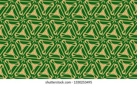 Decorative background with triangles. Curved lines. Vector illustration. Green, gold color. Bright background for poster, banner, flyer. Seamless.