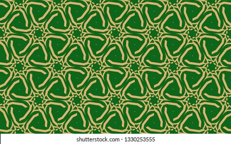 Decorative background with triangles. Curved lines. Vector illustration. Green, gold color. Bright background for poster, banner, flyer. Seamless.