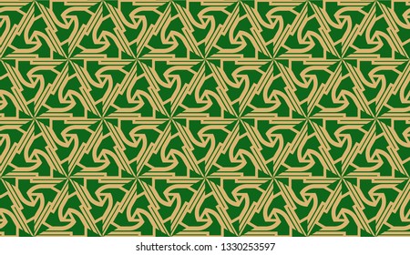 Decorative background with triangles. Curved lines. Vector illustration. Green, gold color. Bright background for poster, banner, flyer. Seamless.