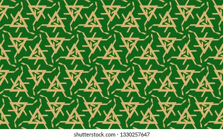 Decorative background with triangles. Curved lines. Vector illustration. Green, gold color. Bright background for poster, banner, flyer. Seamless.