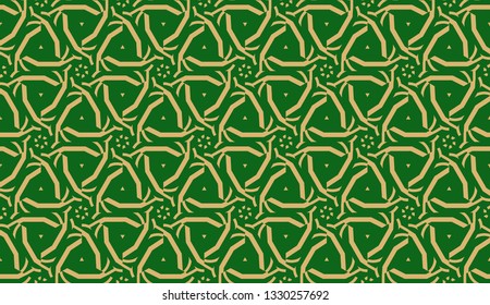 Decorative background with triangles. Curved lines. Vector illustration. Green, gold color. Bright background for poster, banner, flyer. Seamless.