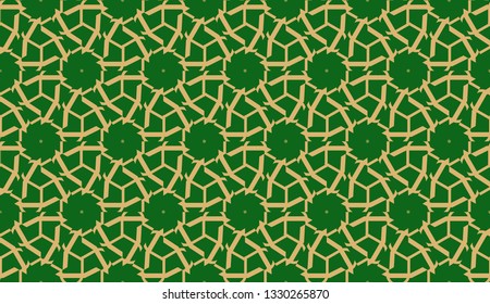 Decorative background with triangles. Curved lines. Vector illustration. Green, gold color. Bright background for poster, banner, flyer. Seamless.