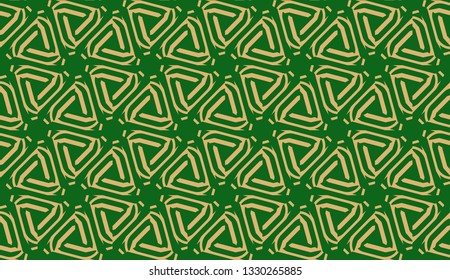 Decorative background with triangles. Curved lines. Vector illustration. Green, gold color. Bright background for poster, banner, flyer. Seamless.