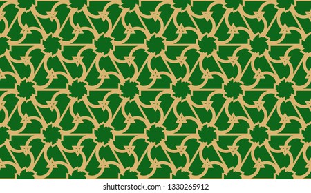 Decorative background with triangles. Curved lines. Vector illustration. Green, gold color. Bright background for poster, banner, flyer. Seamless.