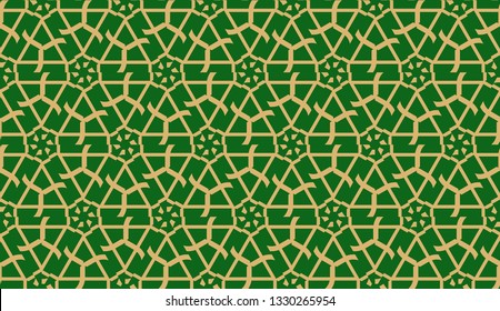Decorative background with triangles. Curved lines. Vector illustration. Green, gold color. Bright background for poster, banner, flyer. Seamless.