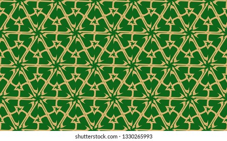 Decorative background with triangles. Curved lines. Vector illustration. Green, gold color. Bright background for poster, banner, flyer. Seamless.