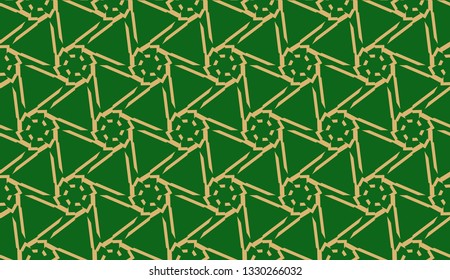 Decorative background with triangles. Curved lines. Vector illustration. Green, gold color. Bright background for poster, banner, flyer. Seamless.