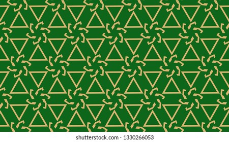 Decorative background with triangles. Curved lines. Vector illustration. Green, gold color. Bright background for poster, banner, flyer. Seamless.
