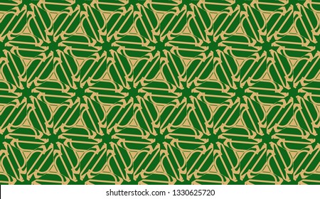 Decorative background with triangles. Curved lines. Vector illustration. Green, gold color. Bright background for poster, banner, flyer. Seamless.
