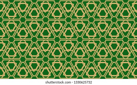 Decorative background with triangles. Curved lines. Vector illustration. Green, gold color. Bright background for poster, banner, flyer. Seamless.