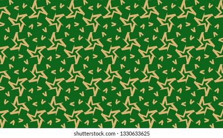 Decorative background with triangles. Curved lines. Vector illustration. Green, gold color. Bright background for poster, banner, flyer. Seamless.