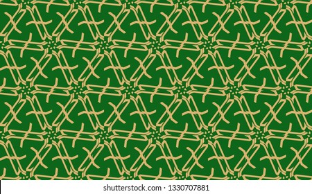 Decorative background with triangles. Curved lines. Vector illustration. Green, gold color. Bright background for poster, banner, flyer. Seamless.