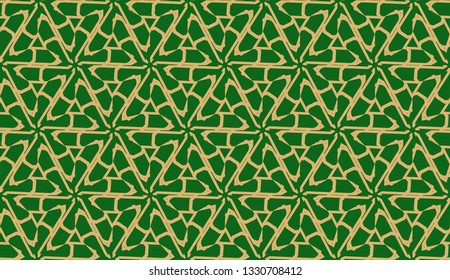 Decorative background with triangles. Curved lines. Vector illustration. Green, gold color. Bright background for poster, banner, flyer. Seamless.