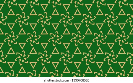 Decorative background with triangles. Curved lines. Vector illustration. Green, gold color. Bright background for poster, banner, flyer. Seamless.