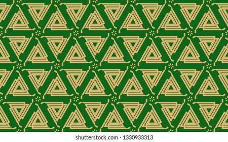Decorative background with triangles. Curved lines. Vector illustration. Green, gold color. Bright background for poster, banner, flyer. Seamless.