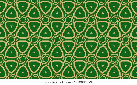Decorative background with triangles. Curved lines. Vector illustration. Green, gold color. Bright background for poster, banner, flyer. Seamless.