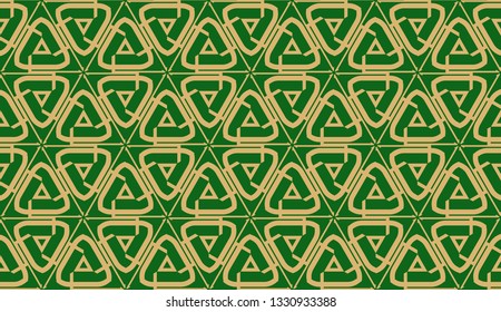 Decorative background with triangles. Curved lines. Vector illustration. Green, gold color. Bright background for poster, banner, flyer. Seamless.