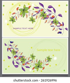 decorative background with two cards with sprigs of spring flowers and text