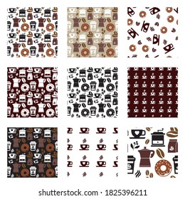 Decorative background. Vector image. Collection of Images of seamless coffee cups. Modular image to enlarge.
