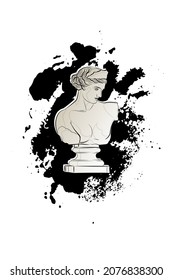 Decorative background with Venus de Capua (bust) and splashes. Card template design. Vector illustration.