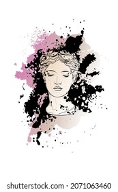 Decorative background with Venus head (sculpture). Card template design. Vector illustration.