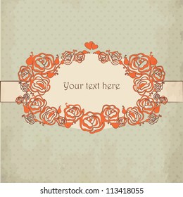 Decorative background - vintage design for greeting card, invitation, menu. Vector illustration with rose ornament and heats for valentine day