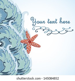 decorative background with waves and starfish