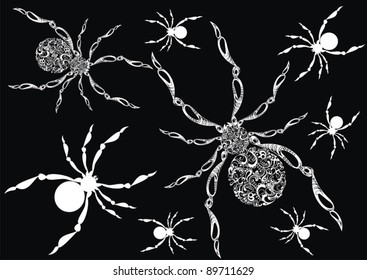 Decorative background with white ornamental spiders with flourish elements. vector illustration. Halloween background
