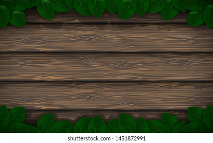 Decorative background with wooden texture and surrounded by leaf leaves