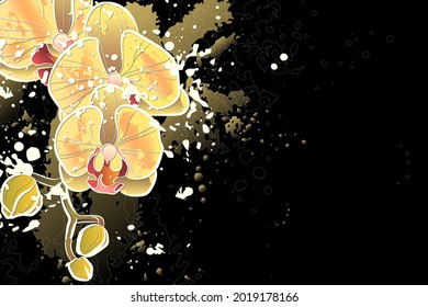 Decorative background with yellow orchid flower. Card template design. Vector illustration.