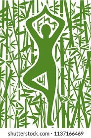 Decorative background with Yoga meditation in bamboo forest.
Stylized Human silhouette meditating in yoga position. Green decorative background. Vector available.