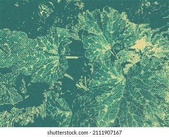 Decorative background with zucchini leaves and tops. Gravure woodcut style. Vector illustration.