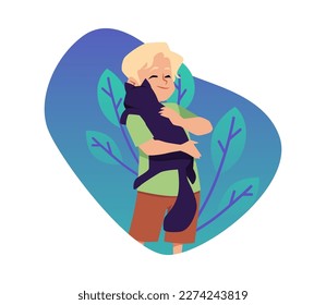 Decorative badge or banner with child hugging a cat, flat cartoon vector illustration isolated on white background. Banner for emotional support animal and pets therapy.