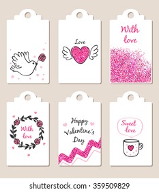 Decorative badges with glitter elements for Valentine's day