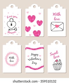 Decorative badges with pink glitter elements for Valentine's day