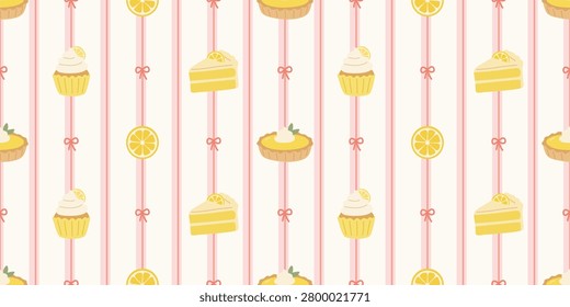 Decorative bakery pattern featuring cupcakes lemon slices and flowers in soft pastel shades ideal for food related designs and culinary themes