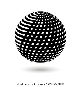 Decorative ball with black vertical and horizontal stripes on white. Design elements for advertising flyer, presentation template, brochure layout, book cover. Vector 3d graphics.