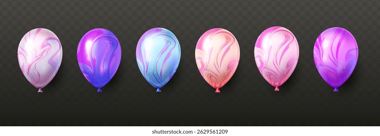 Decorative balloon set with swirling marble patterns in pastel tones, semi-realistic style on transparent background. Concept of celebration. Vector illustration