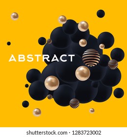 decorative balls 3D vector, black and bronze on yellow background