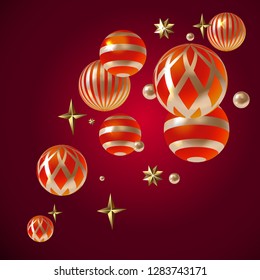 decorative balls 3D vector, red and gold isolated on dark background