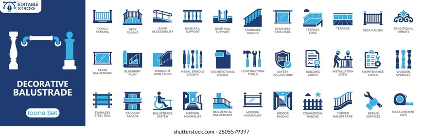 Decorative balustrade icon set. Containing porch fencing, deck railing, staircase railing, glass balustrade, wrought iron fence, balcony facade, indoor railing, curved balustrade and more. Solid vector icons collection
