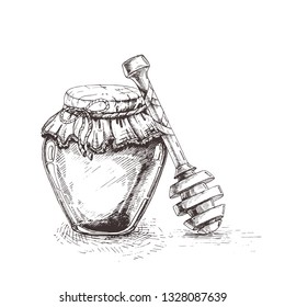 Decorative bank honey monochrome vector illustration.Engraved organic food. Great for business promote.Wooden honey stick.Wooden honey dipper.Sketch