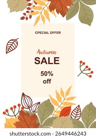 Banner decorativo para promoções de vendas de outono e descontos. Possui folhas de queda vibrantes e bagas que capturam a essência da estação.