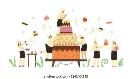 Decorative banner backdrop with confectioners male and female characters and huge holiday cake, flat vector illustration isolated on white background.