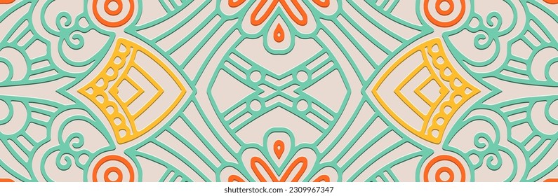 Banner decorativo, diseño de portada. Patrón de boho 3D ornamental, hecho a mano. Fondo geométrico de la luz. Color tribal, etnos originales del Este, Asia, India, México, Azteca, Perú.