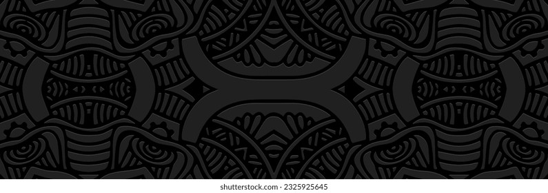 Decorative banner, cover design. Embossed 3D boho pattern, handmade. Geometric black background. Tribal color, creative heritage of the East, Asia, India, Mexico, Aztec, Peru. 