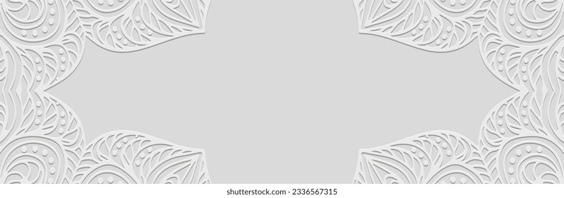 Decorative banner, cover design. Embossed 3D boho pattern, handmade. Geometric white background, place for text. Tribal color, ethnic actual print of the East, Asia, India, Mexico, Aztec, Peru.