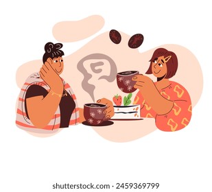 Decorative banner design with women friends drinking coffee and eating dessert, while chatting, flat vector illustration isolated on white background. Happy women spending time in coffeehouse.