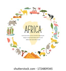 Decorative banner with famous symbols, animals of Africa. Explore Africa concept image. For banner, travel guides